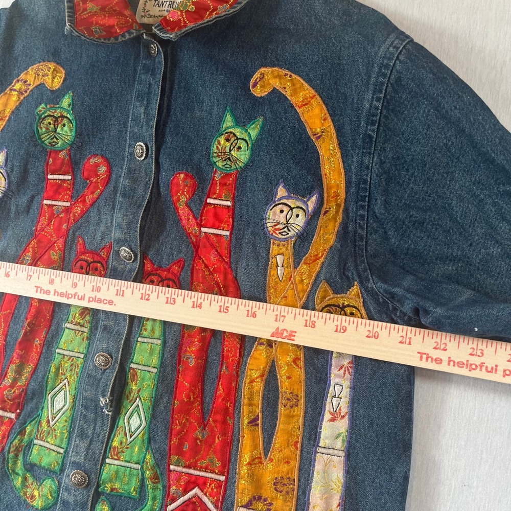 Tantrums Vintage Denim Jacket Women L Cat Patchwork Embroidered Art to Wear - Picture 8 of 16